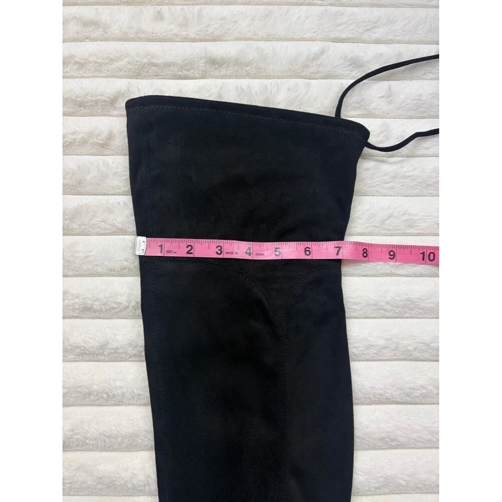 Black Faux Suede Thigh High Boots Block Heel Stretch Fit Size 8 Over The Knee
